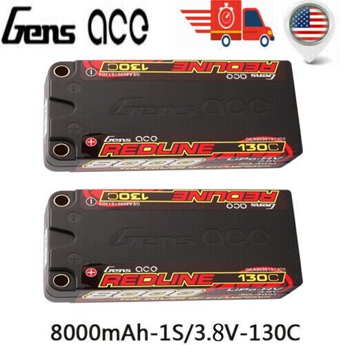 2x Gens Ace 3.8V 130C 1S 5mm 8000mAh Lipo Battery HardCase HV 1:8 1:10 RC Car