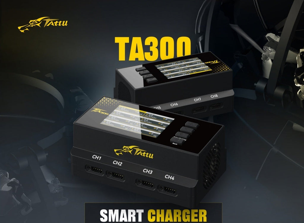 Two black smart chargers with yellow text on a dark background