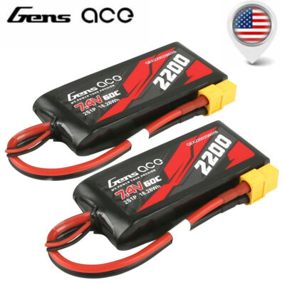 2x Gens Ace 60C 2S 7.4 V 2200mah Lipo Battery Pack With XT60 Plug : Traxxas 1/16
