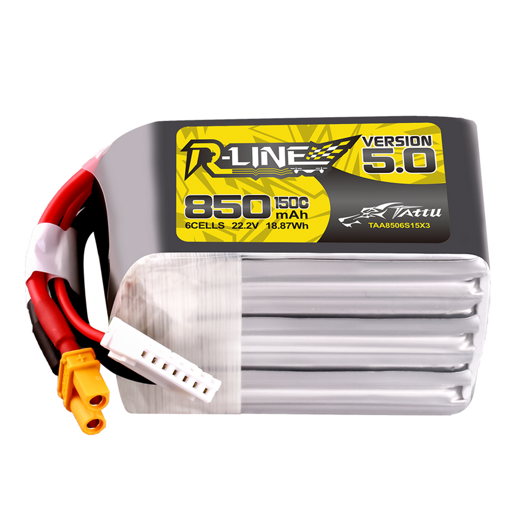 2x Tattu R-Line Version 5.0 850mAh 6S 22.2V 150C Lipo Battery Pack w/ XT30U Plug