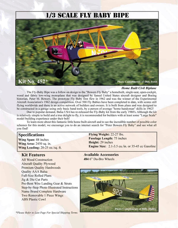 Balsa USA 1/3 Scale Fly Baby Bipe Remote Control Balsa Wood Airplane Kit #452