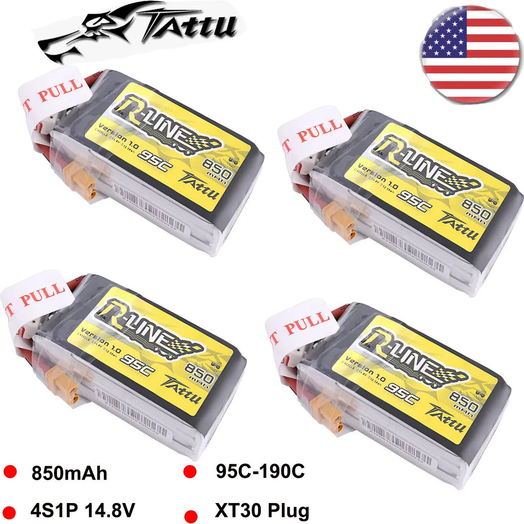 4X Tattu 850mAh 14.8V 95C 4S Lipo Battery XT30 Plug For FPV RC Drone Quadcopter