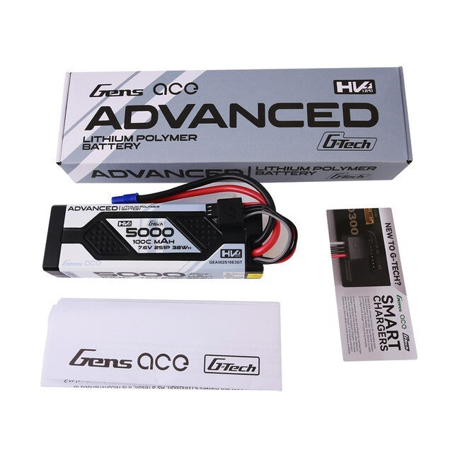 Gens Ace 5000mAh 2s 7.6V 100C G-Tech GTech Lipo Battery Pack With EC3 Plug