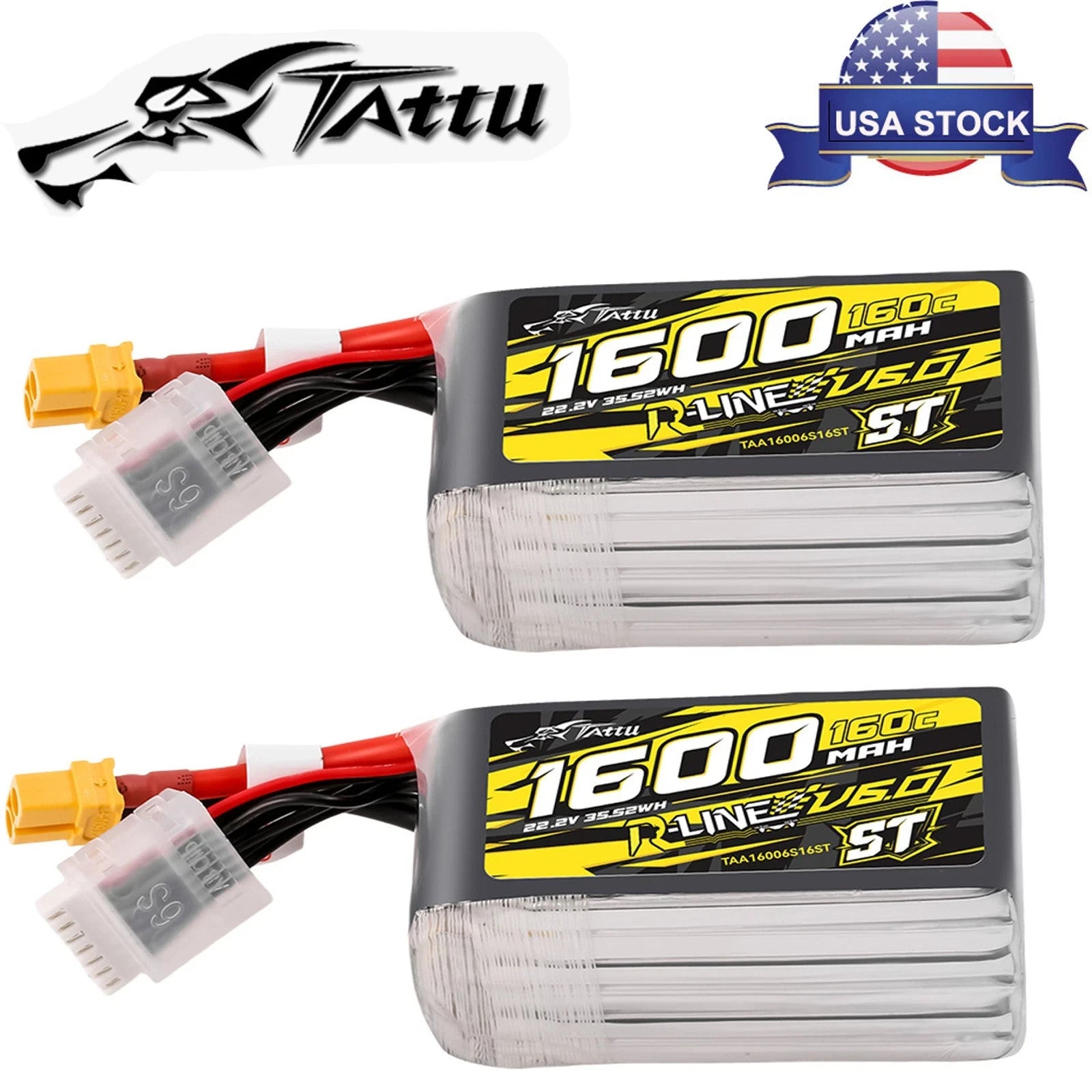 2x Tattu R-Line Version 6.0 1600mAh 160C 6S 22.2V ST Lipo Battery Pack with XT60