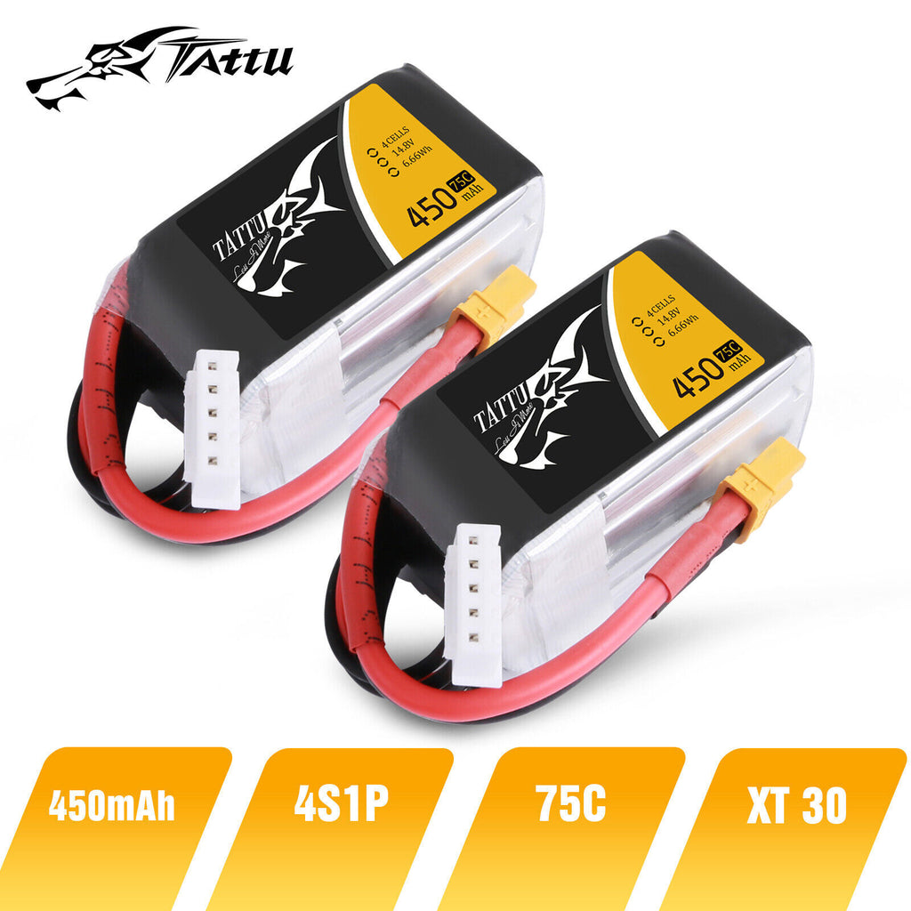 2x Tattu 14.8V 75C 4S 450mAh Lipo RC Remote Control Battery Pack With XT30 Plug