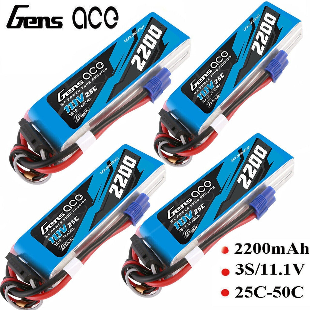 4x Gens Ace 2200mAh 3S 11.1V 25C G-Tech GTech Lipo RC Battery Pack w/ EC3 Plug