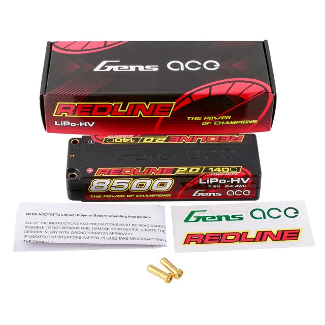 2x Gens Ace 8500mAh 2S 7.6V 140C HardCase Redline 2.0 Lipo Battery 5mm Bullet