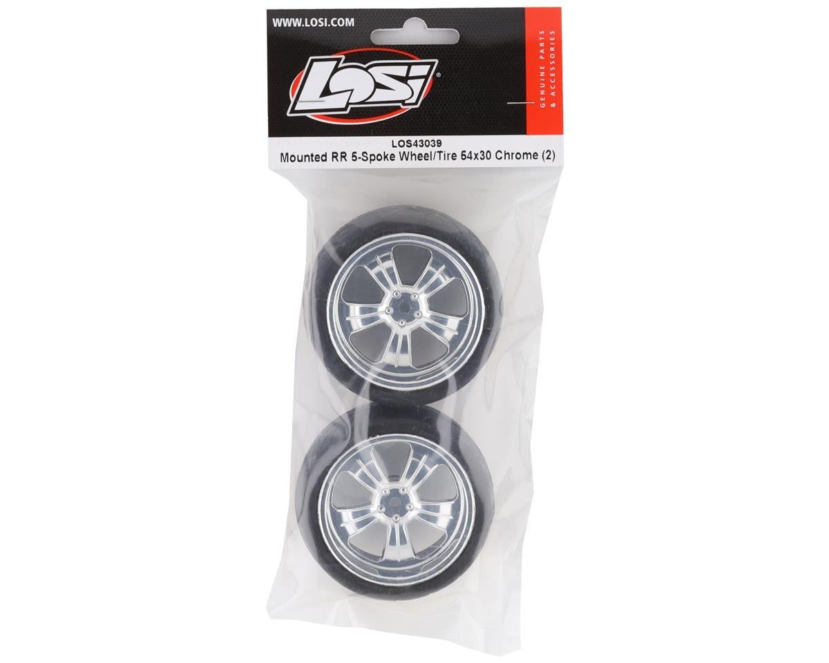 LOS43039 Losi 54x30mm Pre-Mounted Rear Tires w/5-Spoke Wheels (Chrome) (2) V100