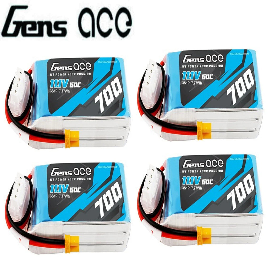 4x Gens Ace 3S 11.1v 700mAh 60C - 120C Lipo RC Battery Pack With XT30 Plug