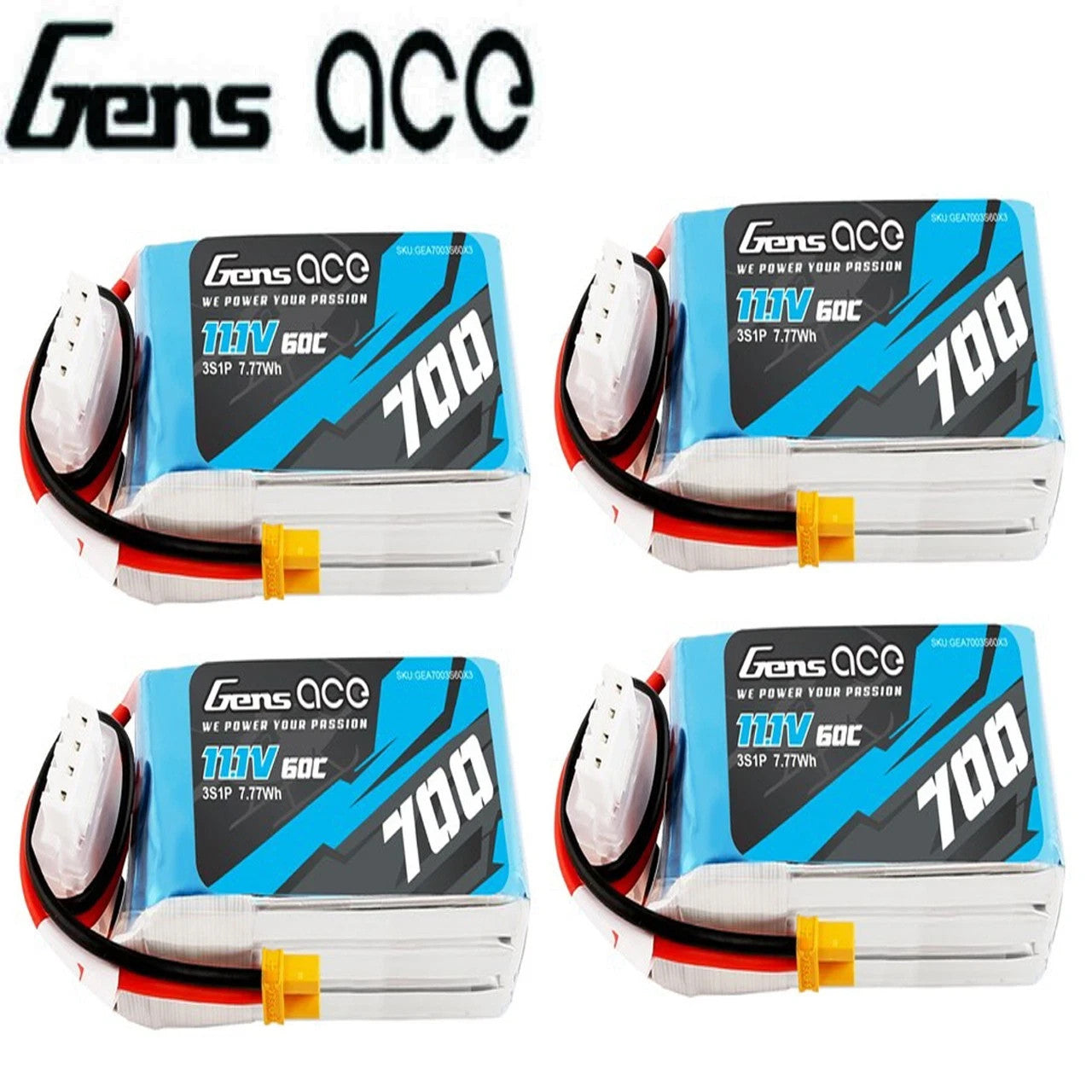 4x Gens Ace 3S 11.1v 700mAh 60C - 120C Lipo RC Battery Pack With XT30 Plug