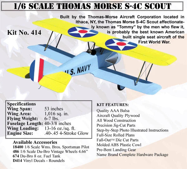 Balsa USA 1/6 Thomas-Morse S4c Scout Remote Control Balsa Wood Airplane Kit #414
