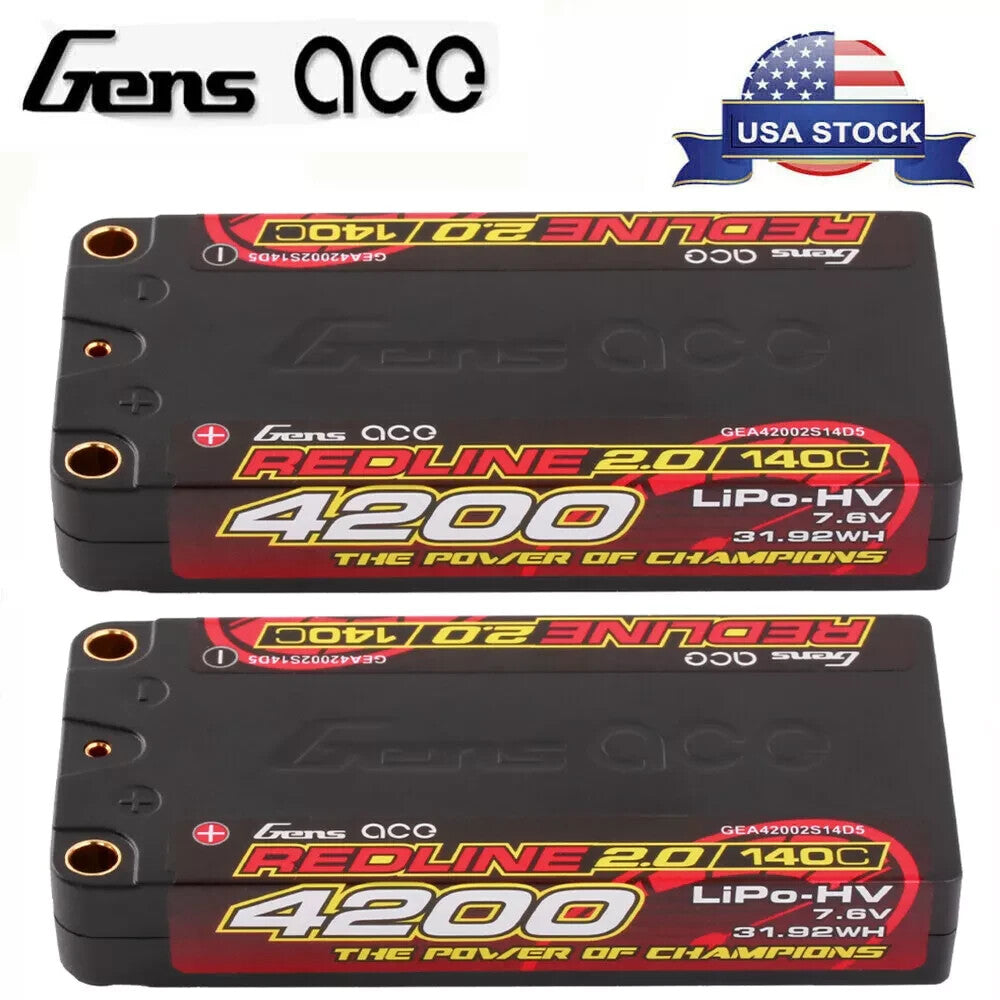 2x Gens Ace 4200mAh 140C 7.6V 2S Lipo Battery HV HardCase Shorty For 1/10 RC Car