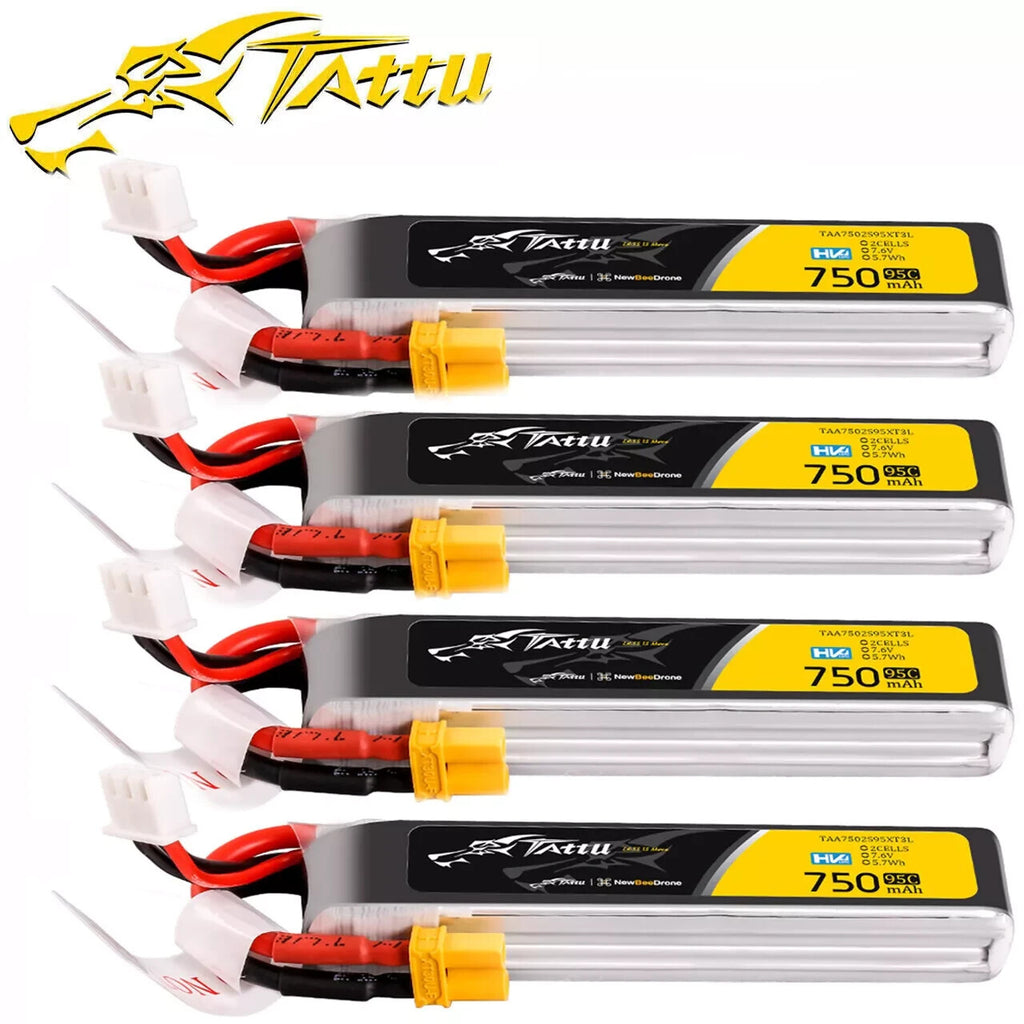 4x Tattu 750mAh 2S 95C 7.6V R-Line HV Lipo Drone Battery Pack with XT30 Plug