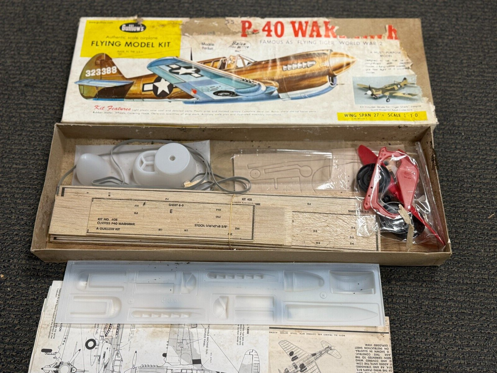 Guillow's #405 Curtiss P-40 P40 Warhawk Flying Tiger Model Kit Balsa WWII Plane