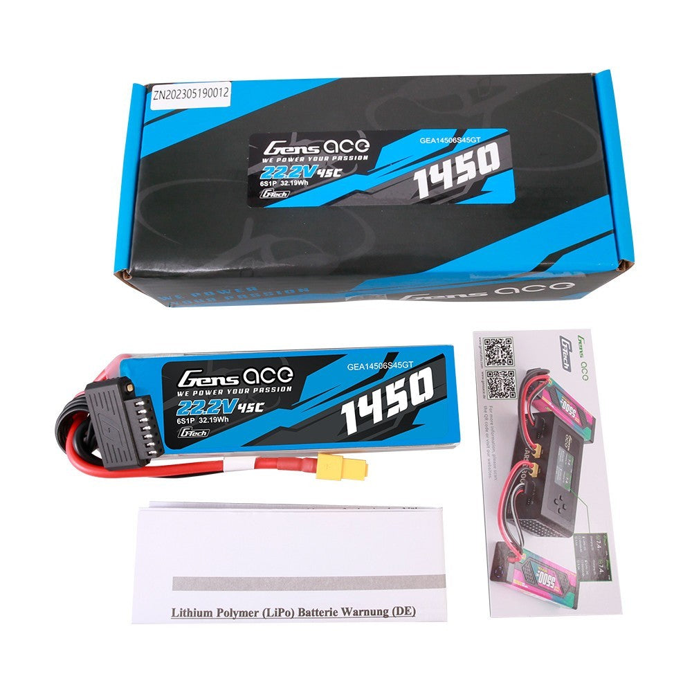 2x Gens Ace 6S LiPo RC Helicopter Battery 45C 22.2V 1450mAh Gtech GEA14506S45GT