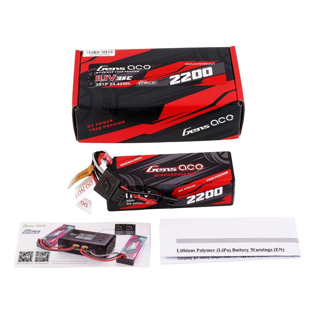2x Gens ace 2200mAh 3S 35C 11.1V HardCase GTech Lipo Battery Pack IC2 EC2 Plug