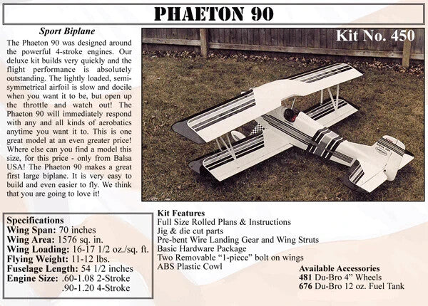 Balsa USA Phaeton 90 RC Remote Control Balsa Wood Airplane Kit #450
