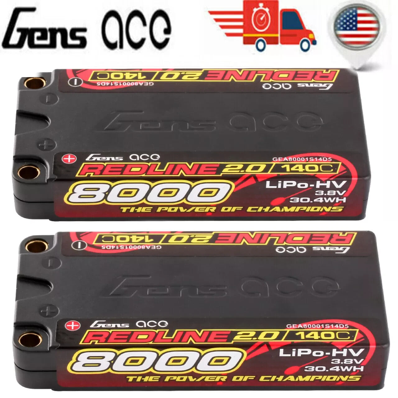 2x Gens Ace Redline 8000mAh 3.8V 140C 1S HardCase HV Lipo RC Car Battery For 1:8