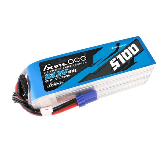 Gens Ace 5100mAh 6S 80C 22.2V Lipo RC Airplane / Helicopter Battery w/ EC5 Plug