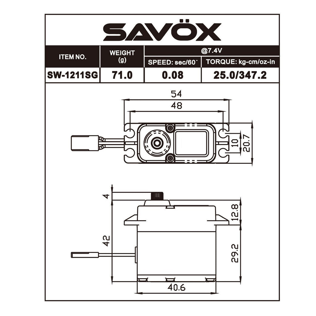 Savox SW-1211SG-BE - Waterproof HV Coreless Digital 7.4V Servo, Black Edition