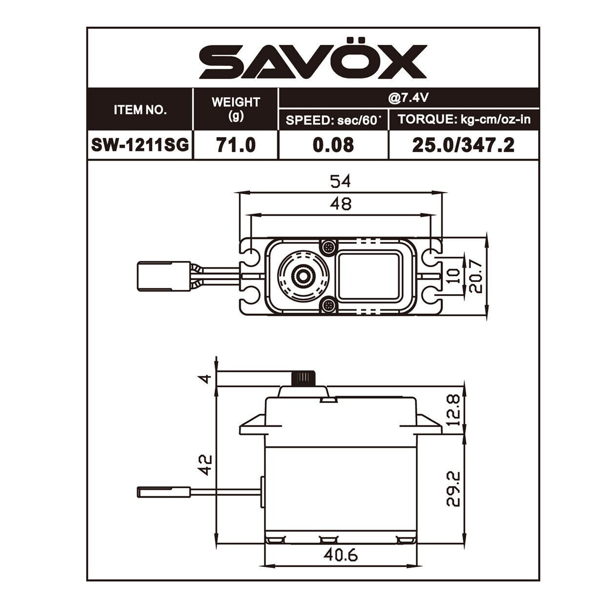 Savox SW-1211SG-BE - Waterproof HV Coreless Digital 7.4V Servo, Black Edition