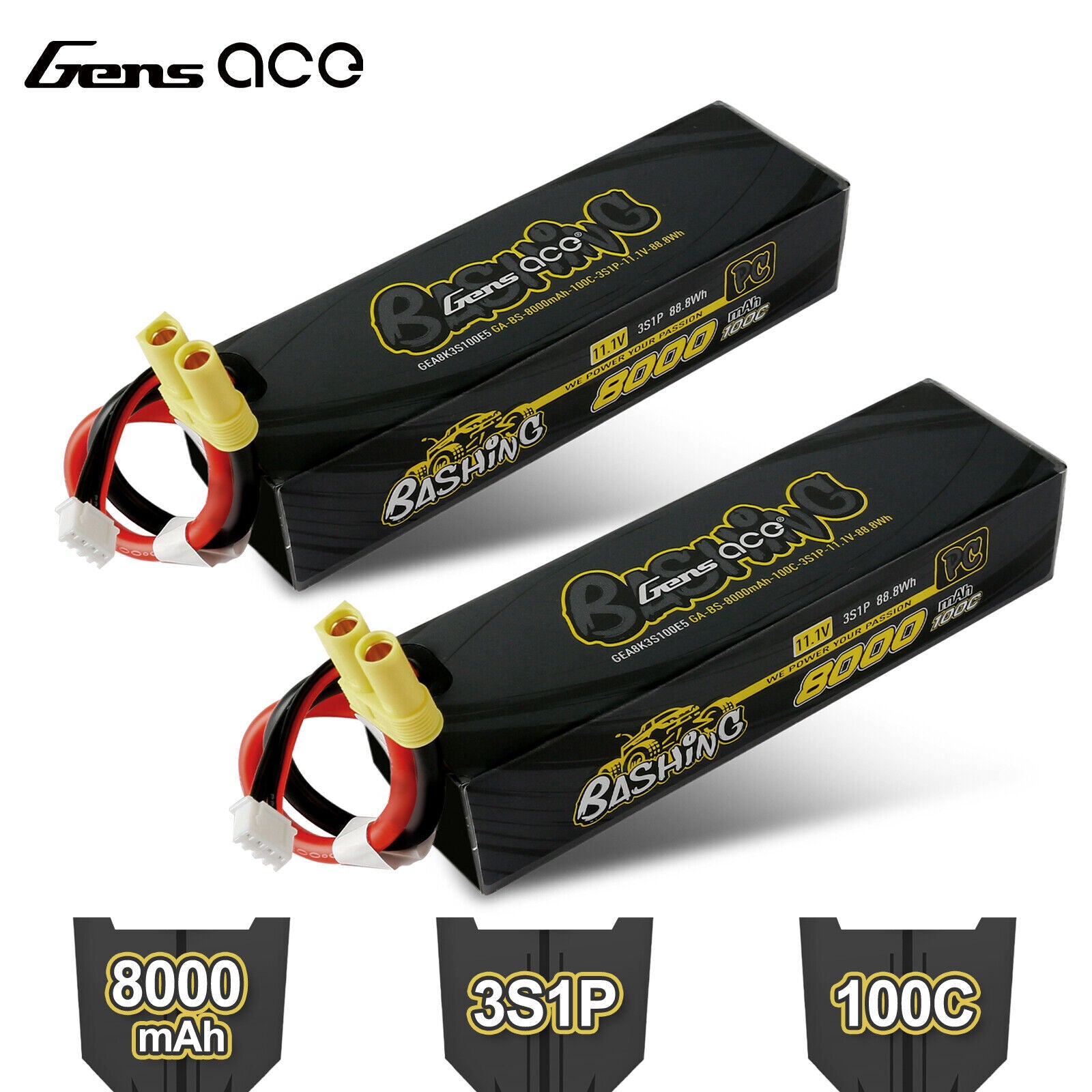 2x Gens Ace Bashing Pro 11.1V 100C 3S 8000mah Lipo Battery W/ EC5 Plug For ARRMA
