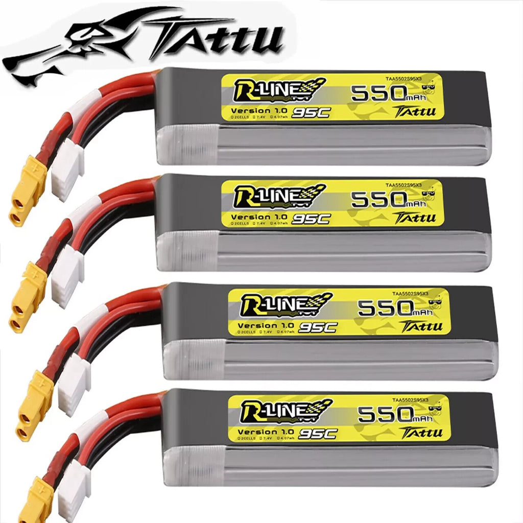 4x Tattu 550mAh 2S 7.4V R-Line Lipo RC Drone Battery Long Pack with XT30 Plug