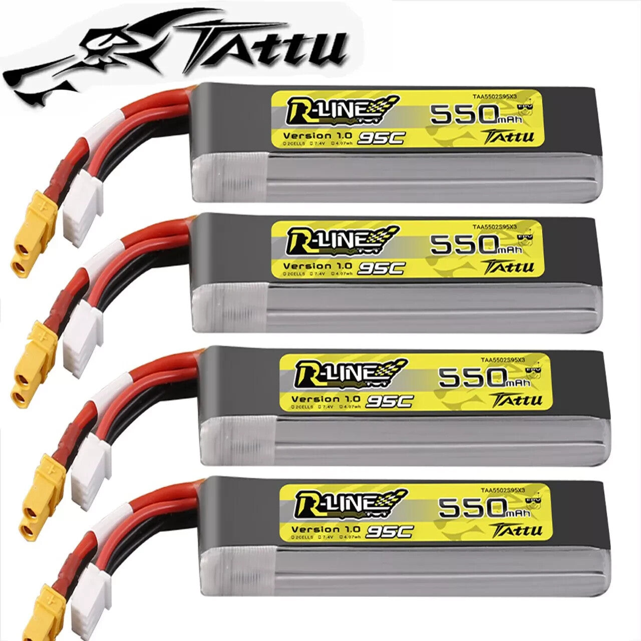 4x Tattu 550mAh 2S 7.4V R-Line Lipo RC Drone Battery Long Pack with XT30 Plug