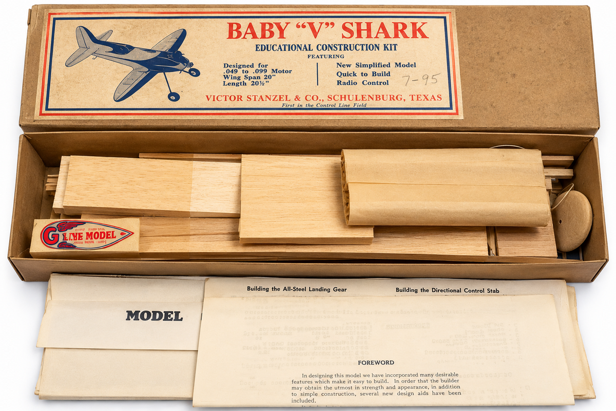 Vintage Victor Stanzel Baby V Shark 20" Control Line Balsa Model Airplane Kit