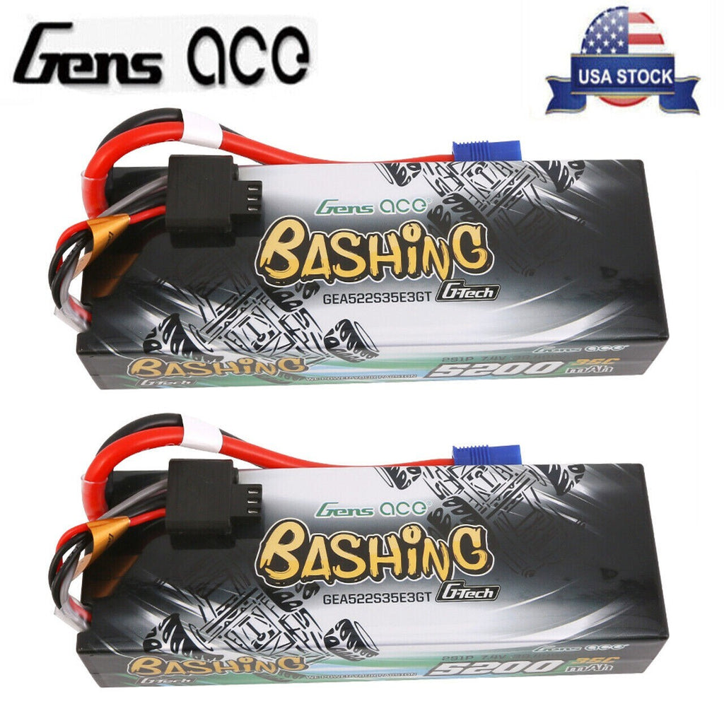 2x Gens Ace 2S G-Tech GTech Smart Bashing LiPo RC Battery 35C 7.4V 5200mAh w/EC3