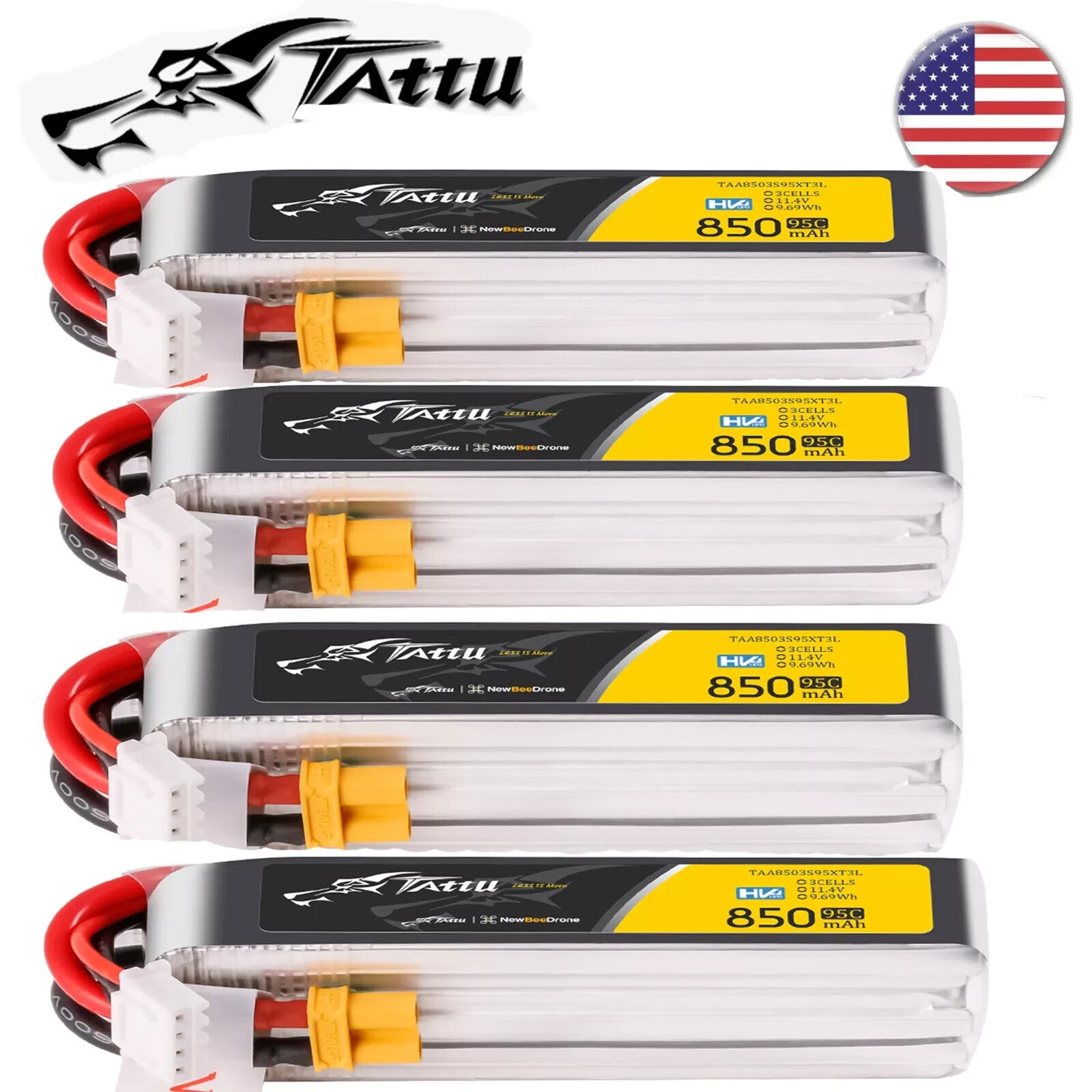 4x Tattu 850mAh 3S 95C 11.4V HV Lipo RC Drone Battery Long Pack with XT30 Plug