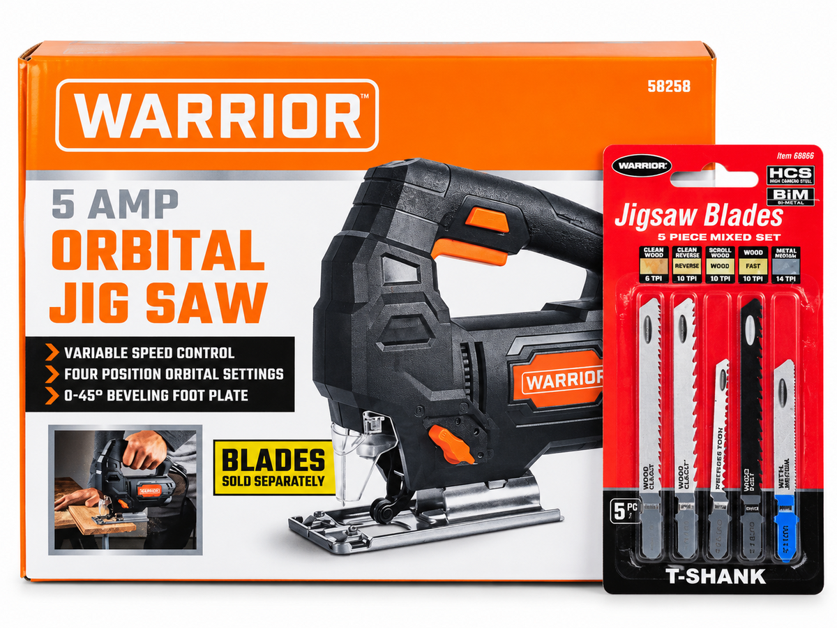 WARRIOR 5 Amp Orbital Jig Saw with 5-Piece T-Shank Blade Set – Variable Speed