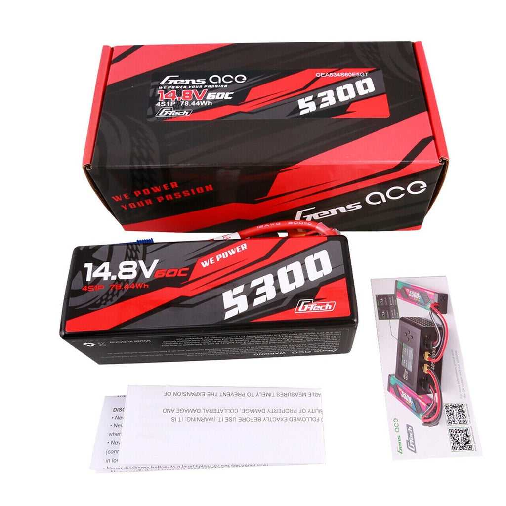 Gens Ace G-Tech 5300mAh 14.8V 60C 4S Lipo Battery HardCase EC5 For 1/8 RC Buggy