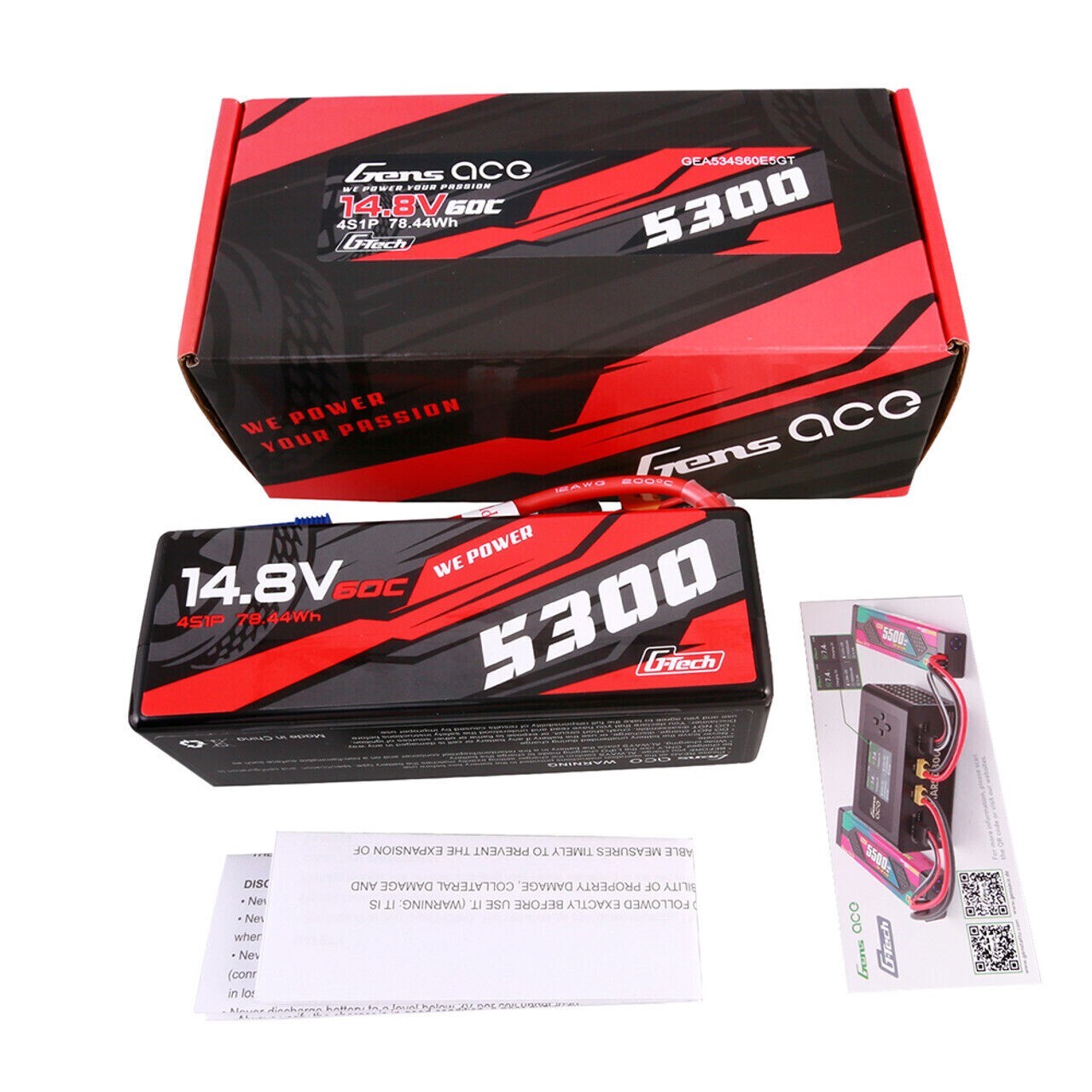 Gens Ace G-Tech 5300mAh 14.8V 60C 4S Lipo Battery HardCase EC5 For 1/8 RC Buggy