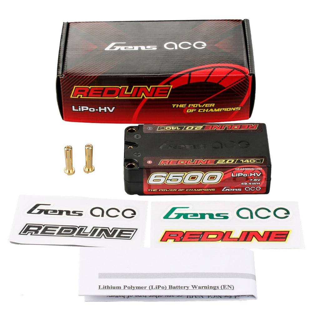 Gens ace Redline 2.0 6500mAh 2S 140C 7.6V Lipo RC Car Battery with 5.0mm Bullet