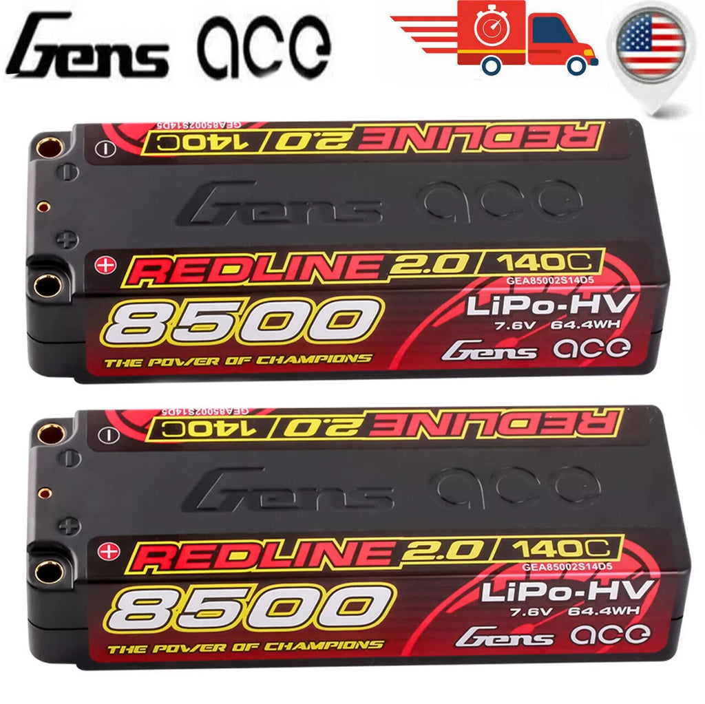 2x Gens Ace 8500mAh 2S 7.6V 140C HardCase Redline 2.0 Lipo Battery 5mm Bullet