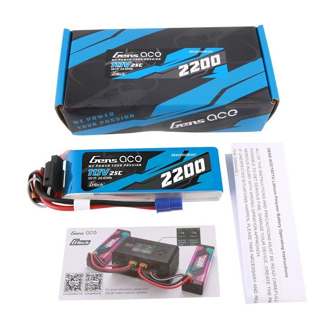 4x Gens Ace 2200mAh 3S 11.1V 25C G-Tech GTech Lipo RC Battery Pack w/ EC3 Plug