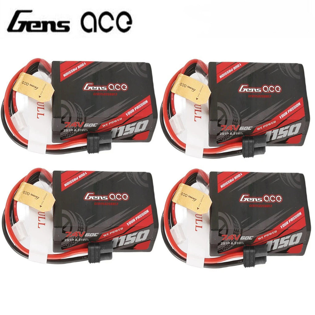 4x Gens Ace G-Tech 1150mAh 2S 60C 7.4V HardCase Lipo Battery with IC2 Plug