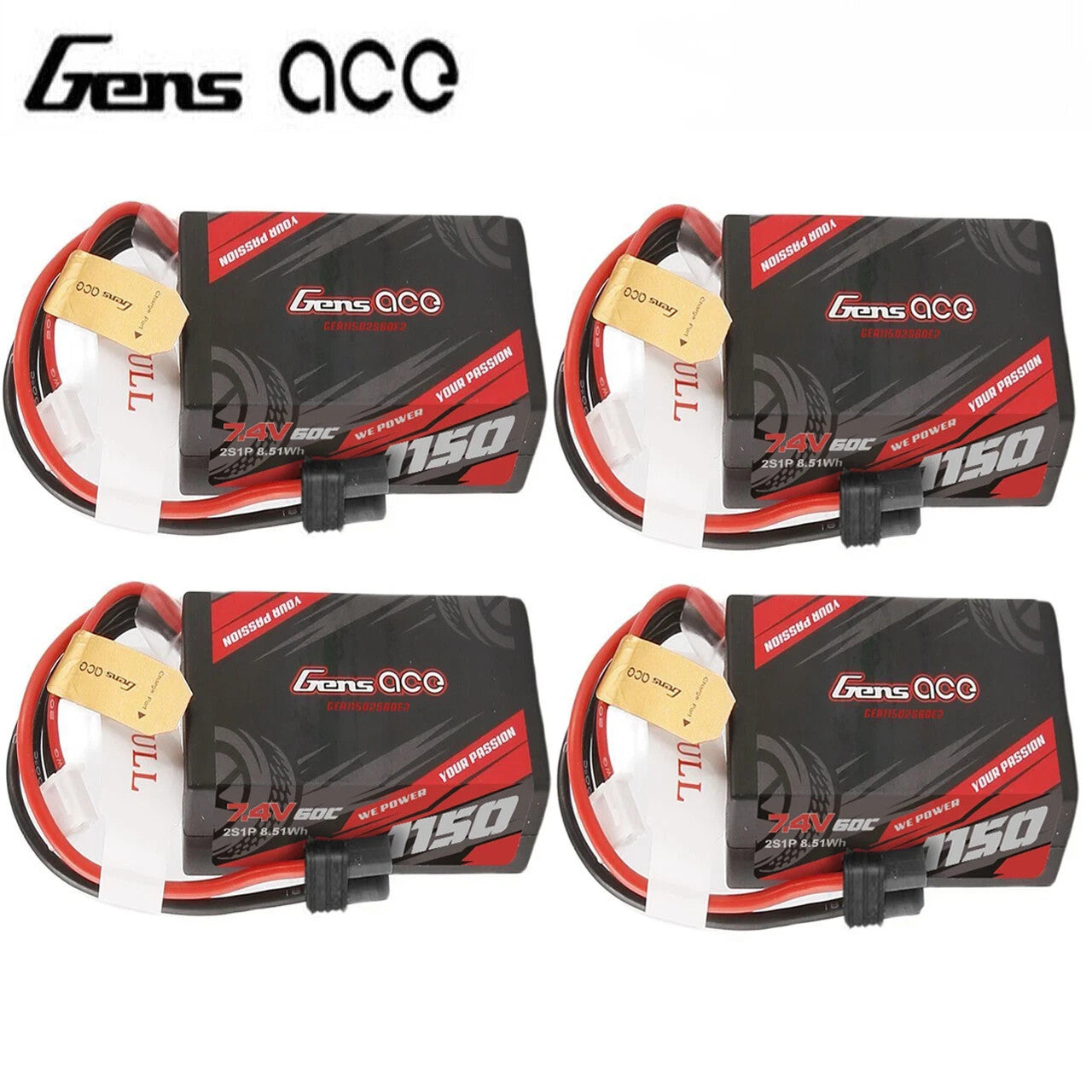 4x Gens Ace G-Tech 1150mAh 2S 60C 7.4V HardCase Lipo Battery with IC2 Plug