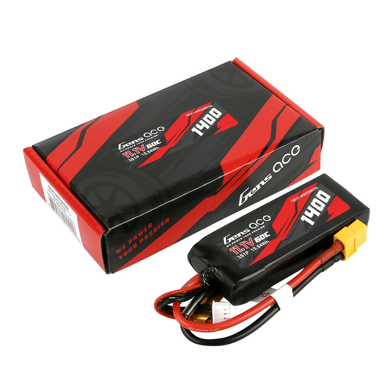 2x Gens Ace 1400mAh 11.1V 60C 3S Lipo Battery Pack With XT60 Plug : 1/16 Traxxas