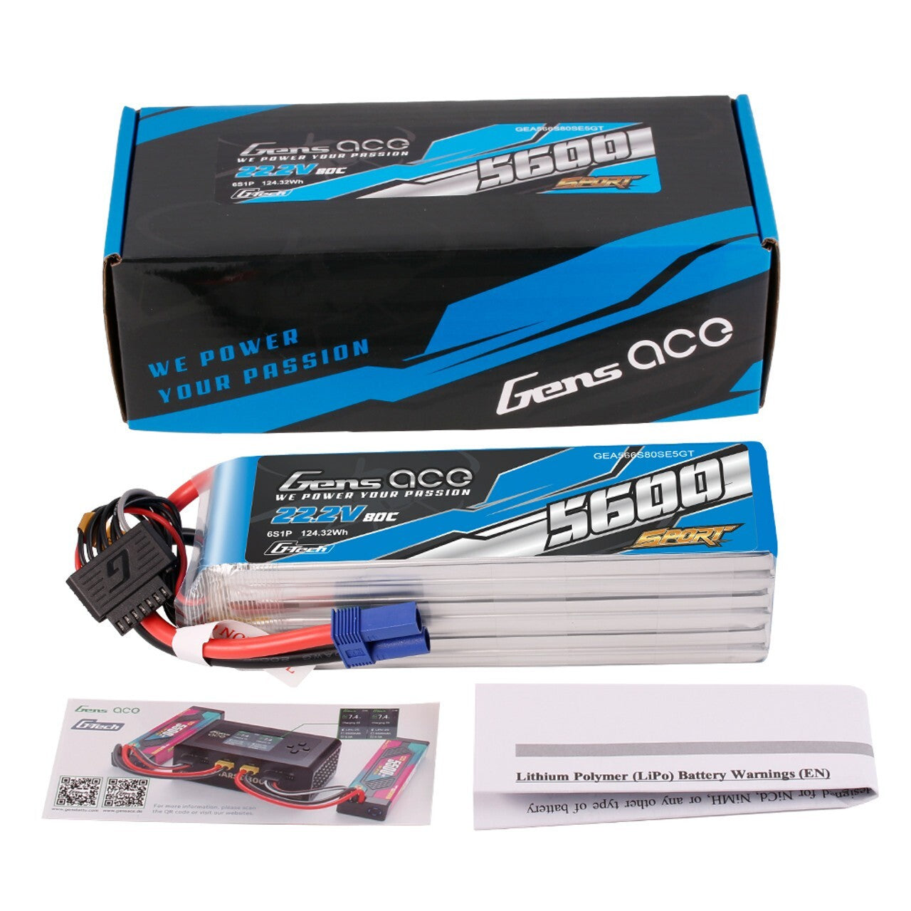Gens ace Sport G-Tech 5600mAh 6S 80C 22.2V Lipo Battery Pack with EC5 Plug