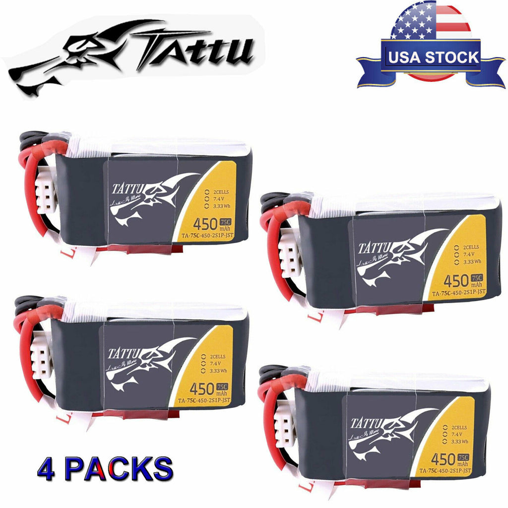4x Tattu 7.4V 75C 2S 450mAh Lipo RC Remote Control Battery Pack With JST Plug
