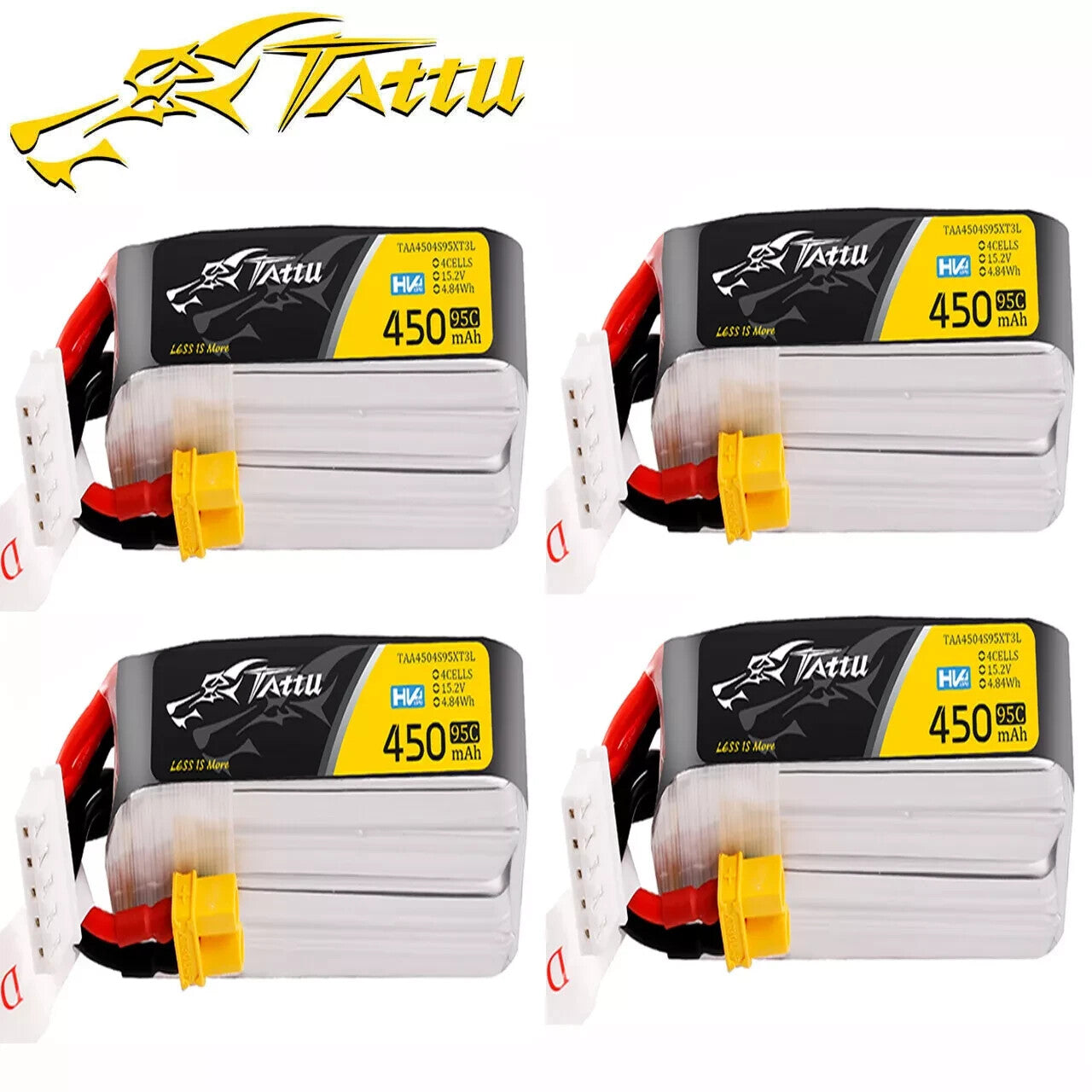 4x Tattu 450mAh 4S 95C 15.2V Lipo RC Drone Battery Pack With XT30 Plug Long Size