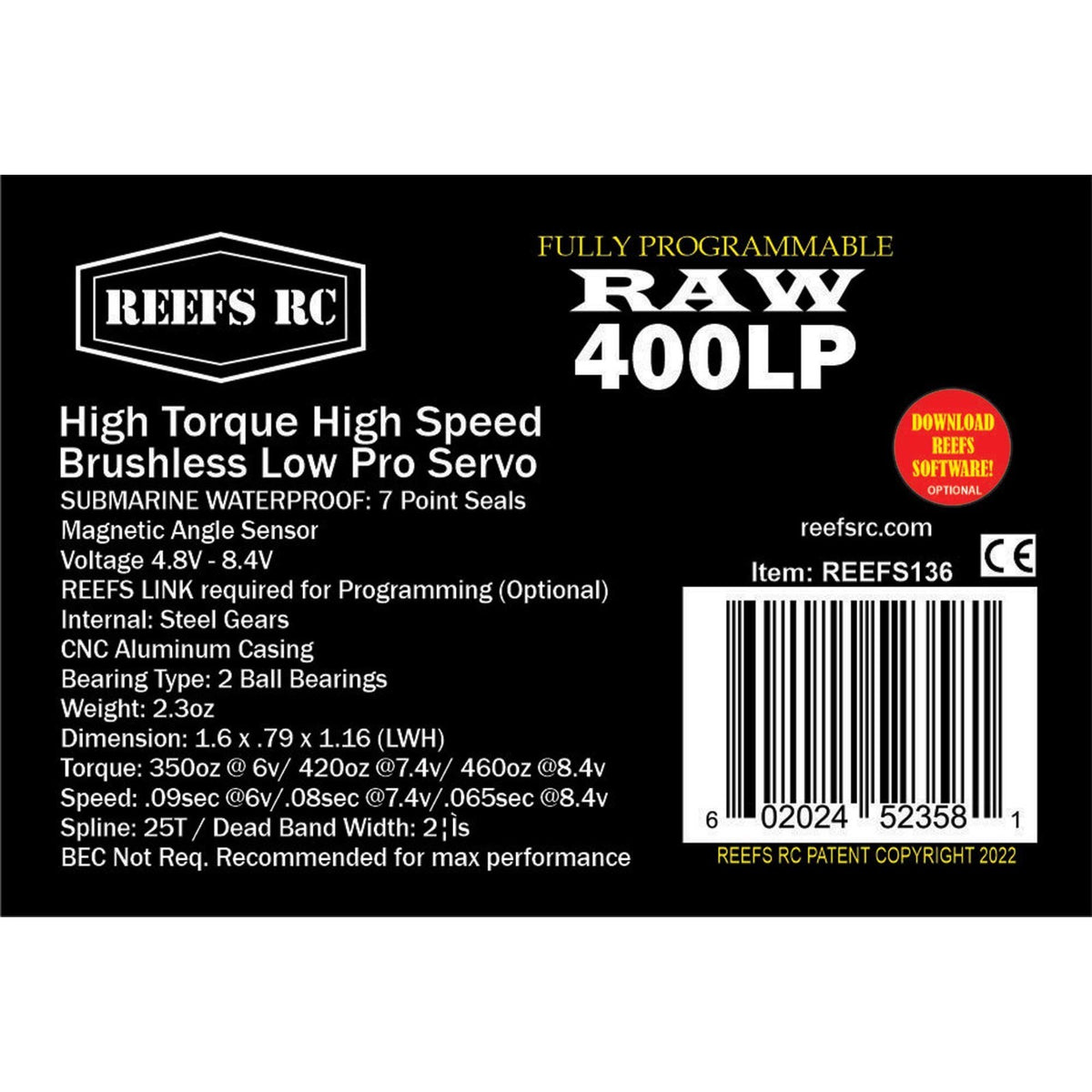 REEFS SEHREEFS136 RAW400LP High Torque Waterproof Digital Servo High Voltage 25T