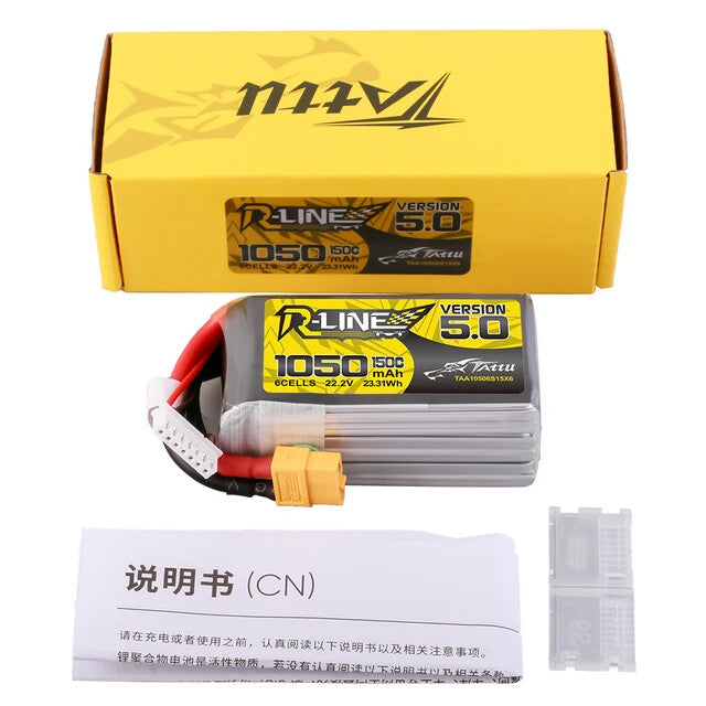 Tattu R-Line Version 5.0 1050mAh 6S 22.2V 150C Lipo Battery Pack with XT60 Plug