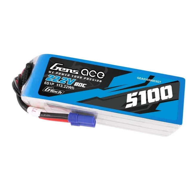 Gens Ace 5100mAh 6S 80C 22.2V Lipo RC Airplane / Helicopter Battery w/ EC5 Plug