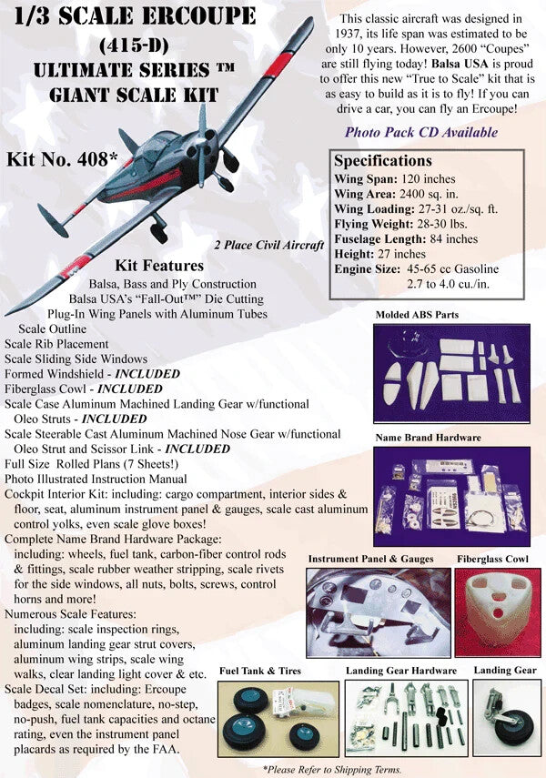 Balsa USA 1/3 Scale Ercoupe (415-D) Remote Control Balsa Wood Airplane Kit #408