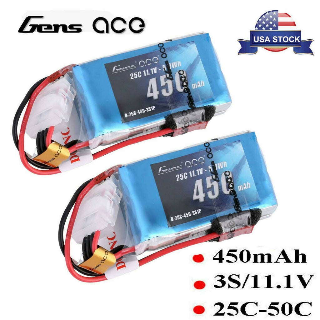 2x Gens Ace 450mAh 11.1V 25C 3S Lipo RC Airplane Battery Pack With JST Plug