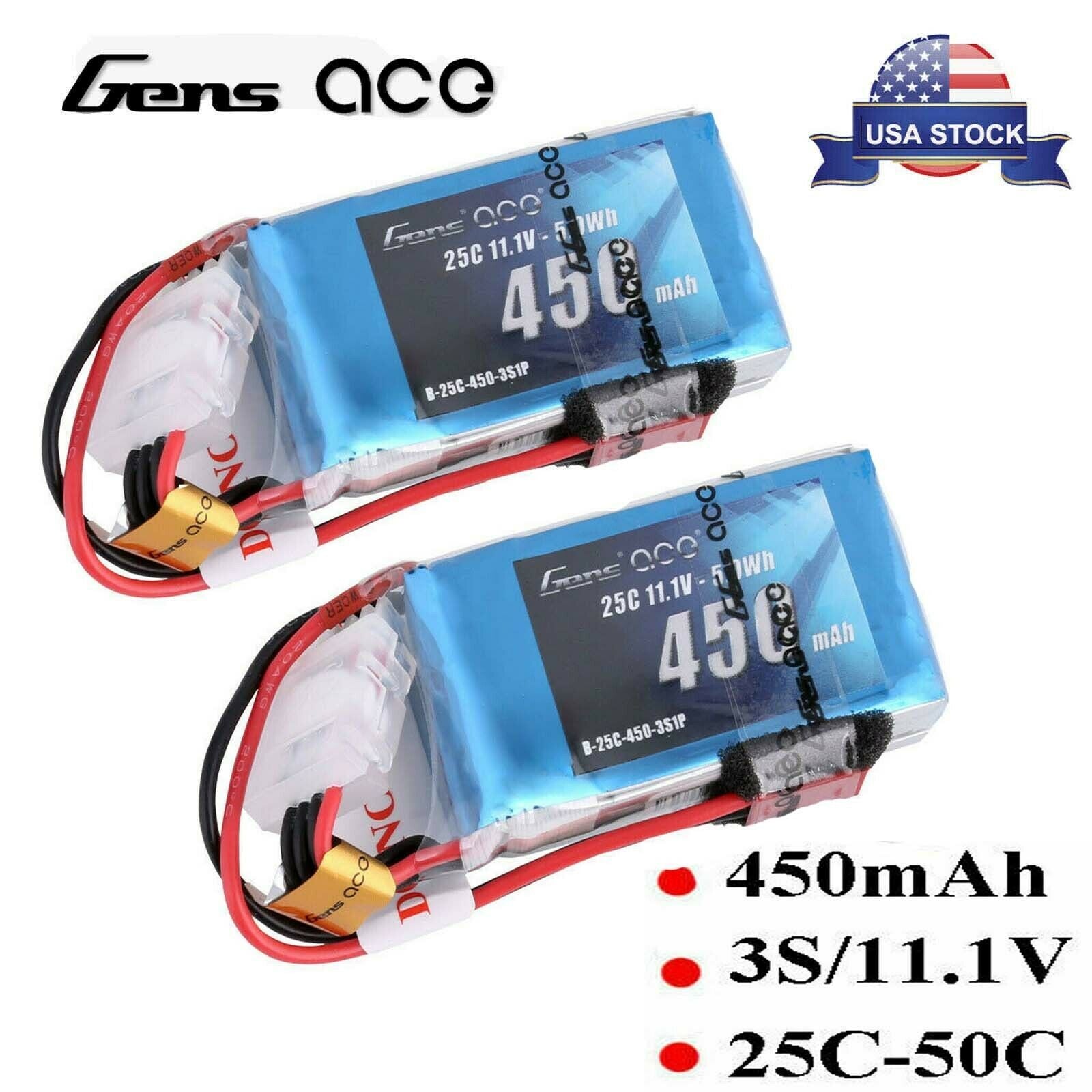2x Gens Ace 450mAh 11.1V 25C 3S Lipo RC Airplane Battery Pack With JST Plug
