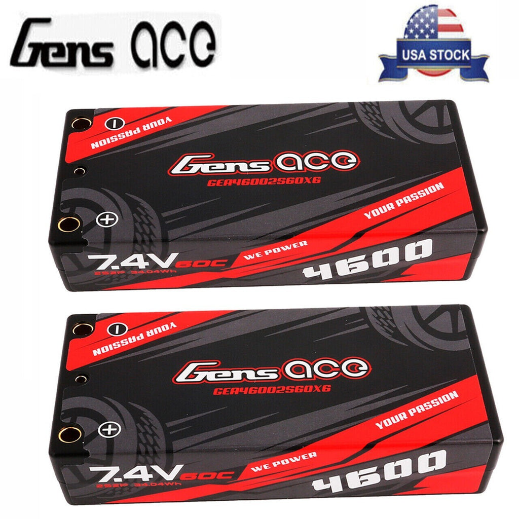 2x Gens Ace 4600mAh 7.4V 60C 2S Lipo Battery HardCase Shorty For RC Car Truck US
